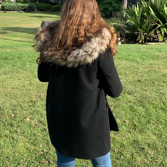 Zara Black Coat with fur Hoodie Size M Thigh Length Zip Up Button Closure - Picture 3 of 8